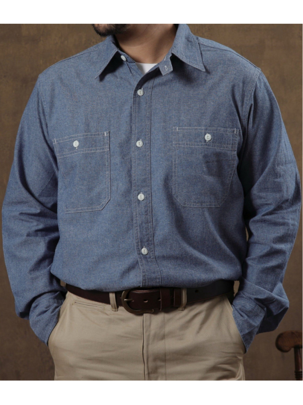 Non Stock Men's Long-Sleeve Chambray Shirt Blue Button Down Pocket Work S